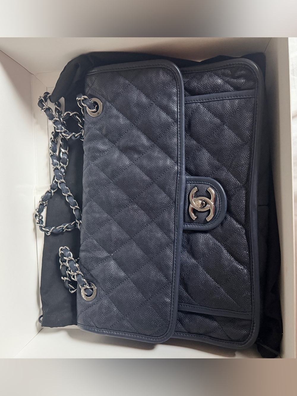 CHANEL French Riviera Flap Bag, quilted Dark Navy Blue caviar leather.